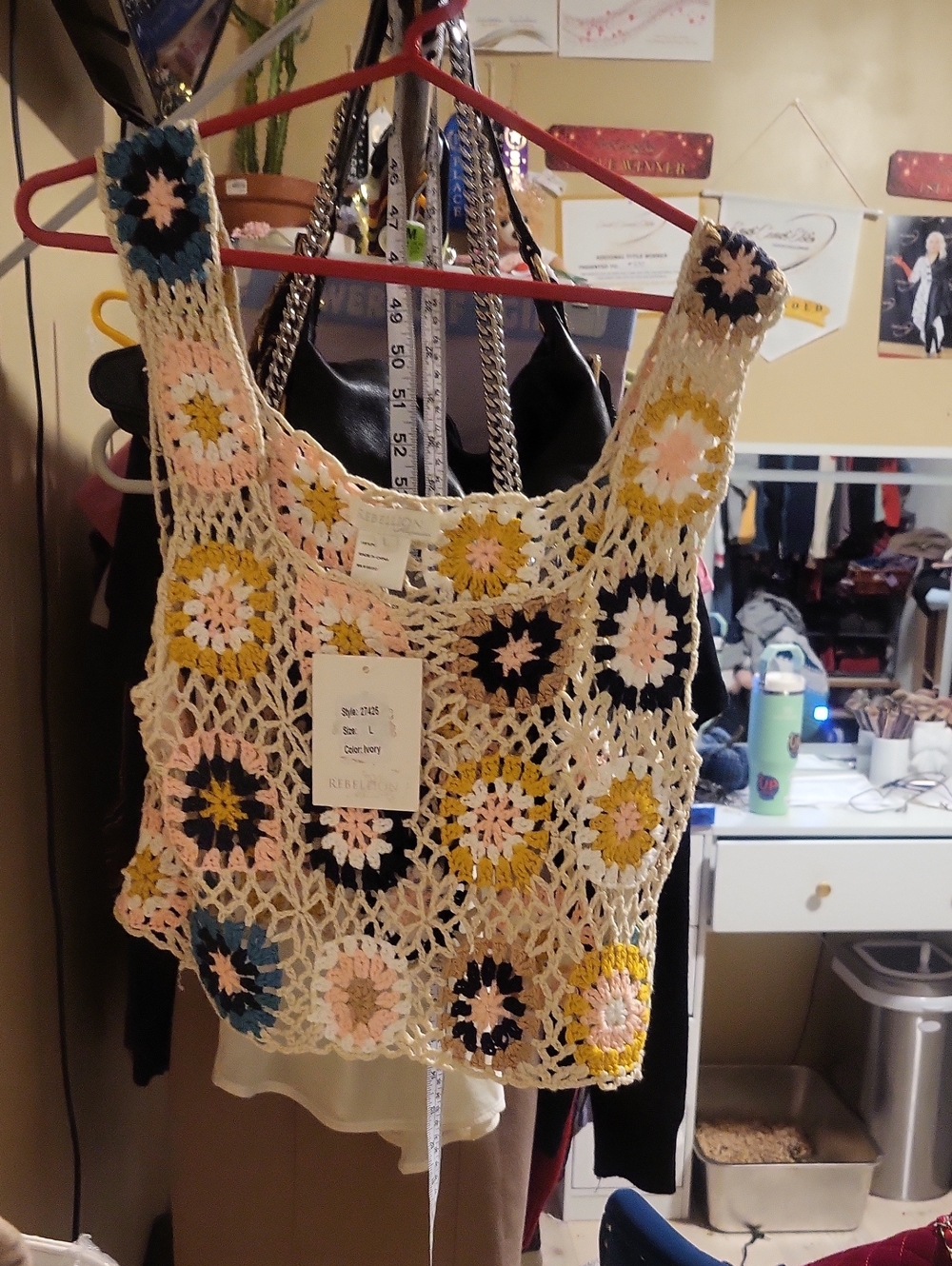 Boho Crochet Tank Top - Cream with Pink, Yellow & Navy Accents
